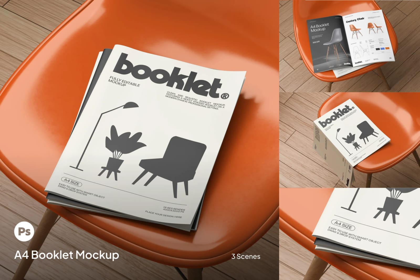 Free Booklet Mockup – Realistic PSD on Orange Chair 1