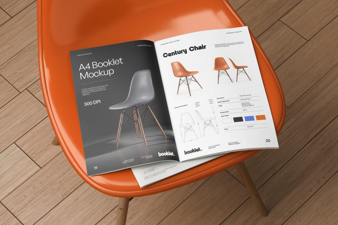 Free Booklet Mockup – Realistic PSD on Orange Chair 2