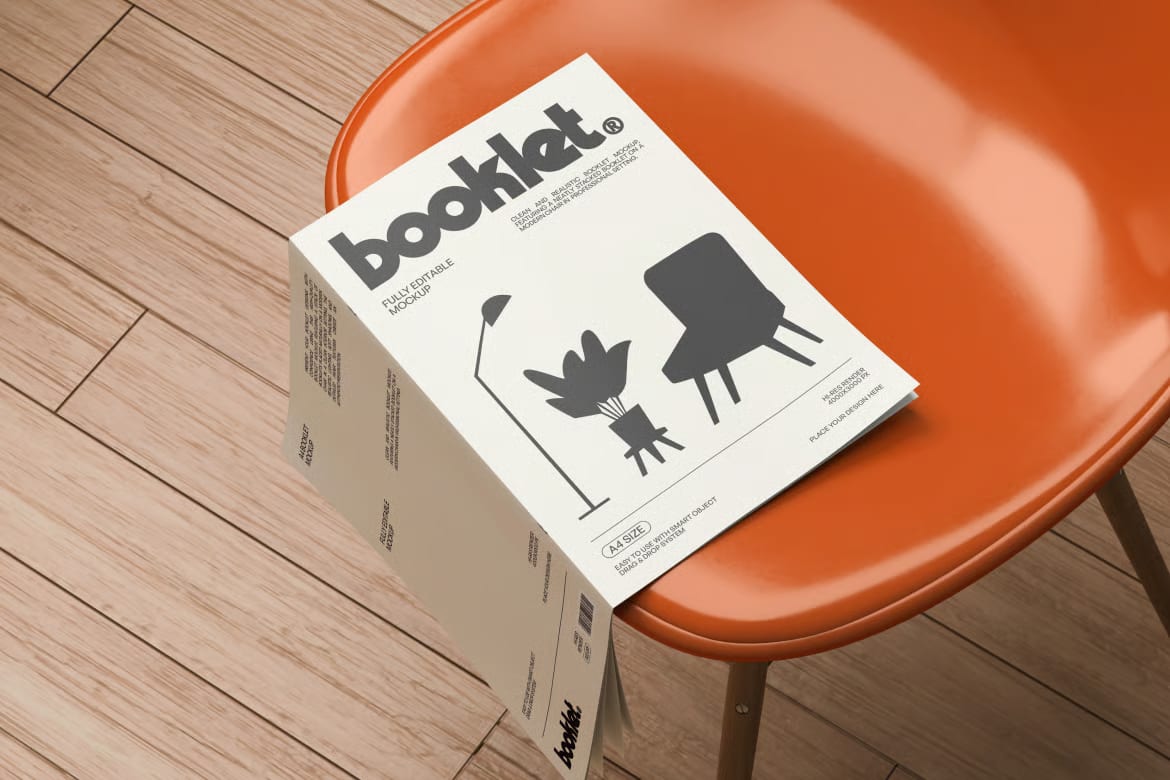 Free Booklet Mockup – Realistic PSD on Orange Chair 3