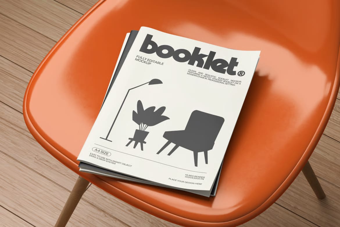 Free Booklet Mockup – Realistic PSD on Orange Chair 4