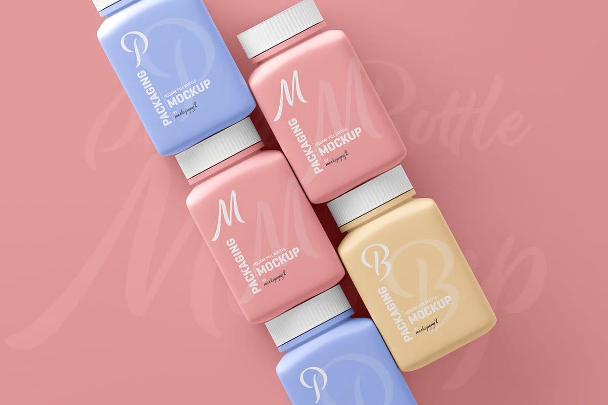 Free Square Pill Bottle Mockup 8