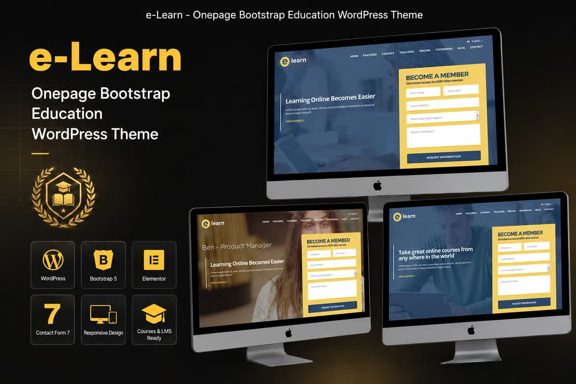 e-Learn Free Onepage Bootstrap Education WordPress Theme 2