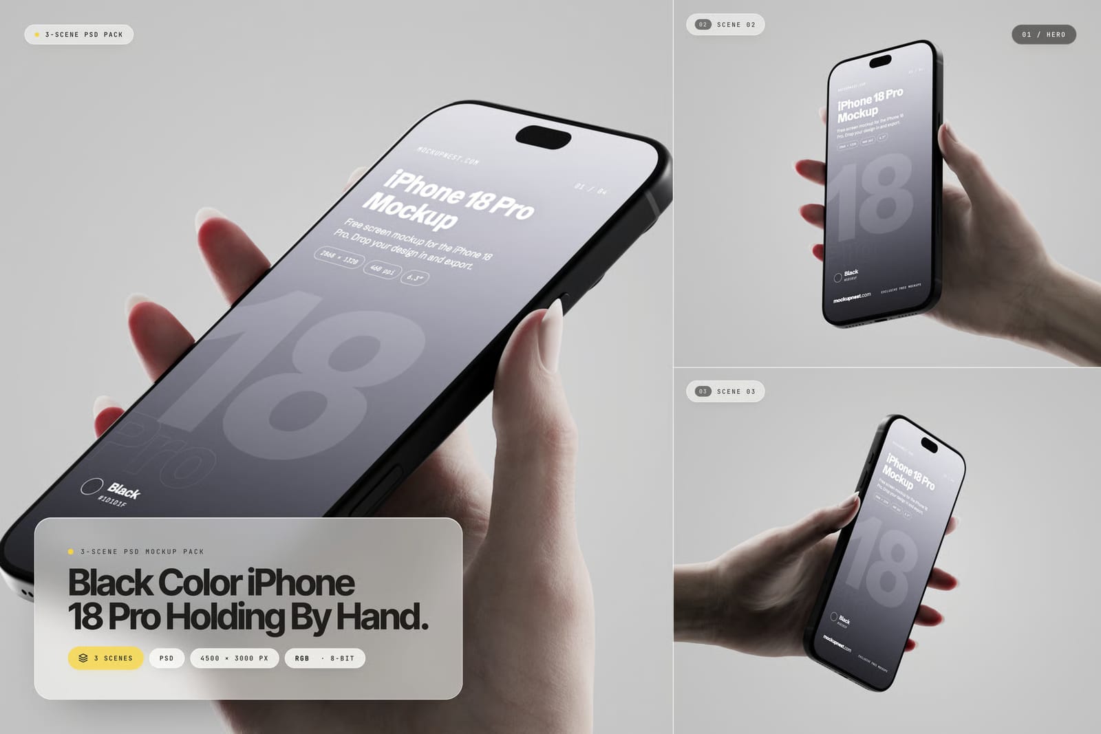 Free Black Color iPhone 18 Pro Holding By Hand Mockup 1