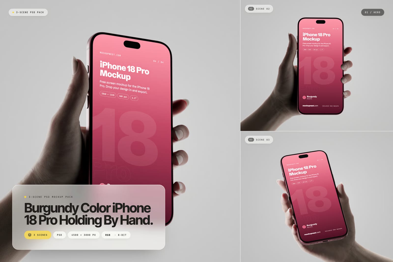 Free Burgundy Color iPhone 18 Pro Holding By Hand Mockup 1