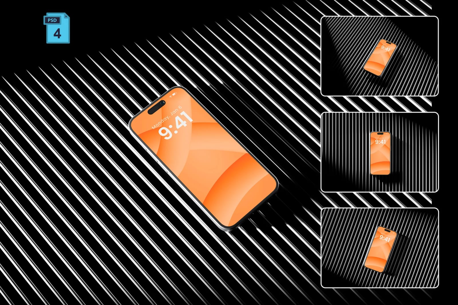 Free iPhone Mockup on Black Metallic Striped Background 1