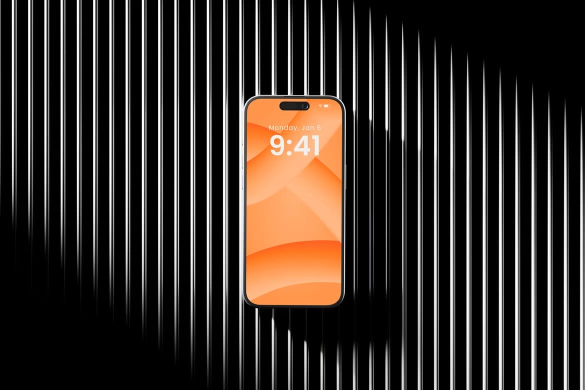 Free iPhone Mockup on Black Metallic Striped Background 3