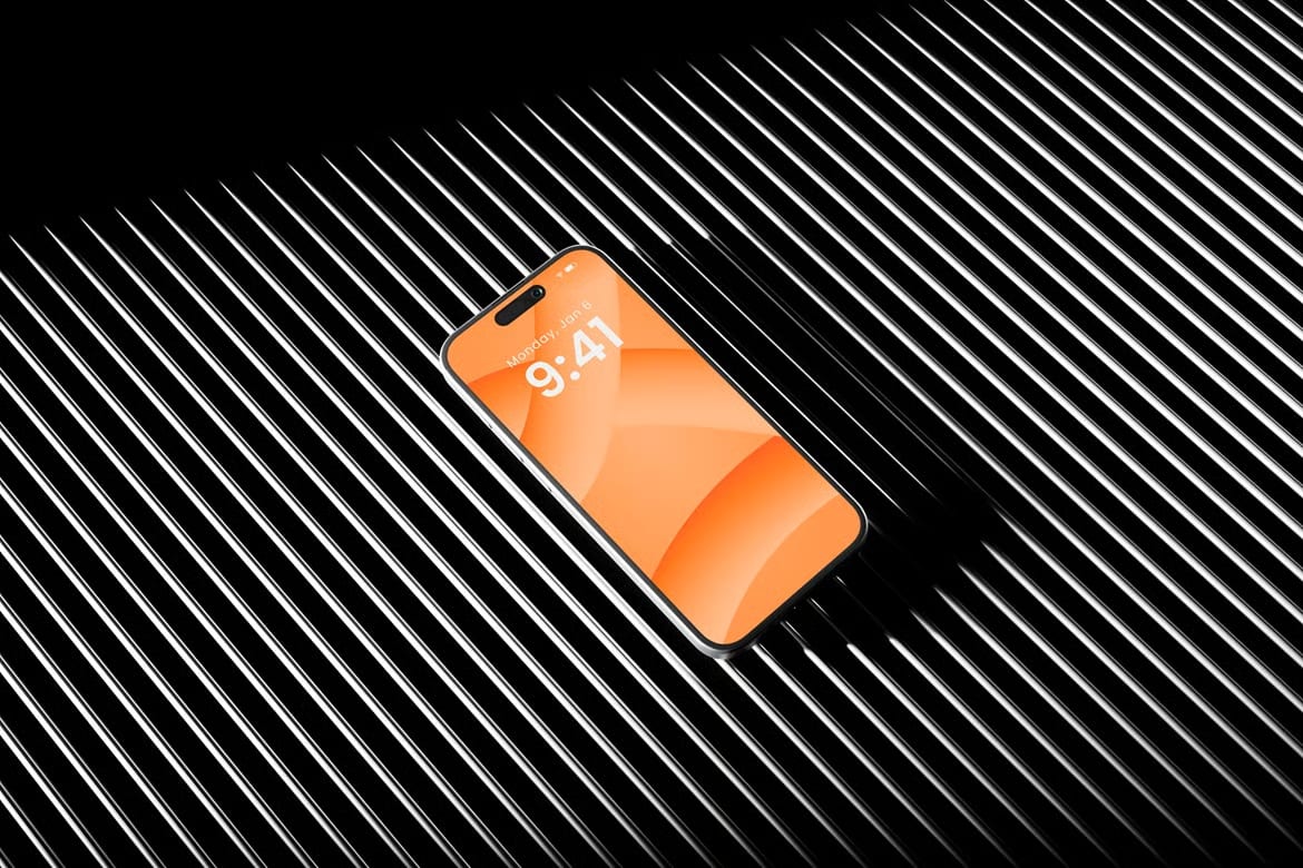 Free iPhone Mockup on Black Metallic Striped Background 4