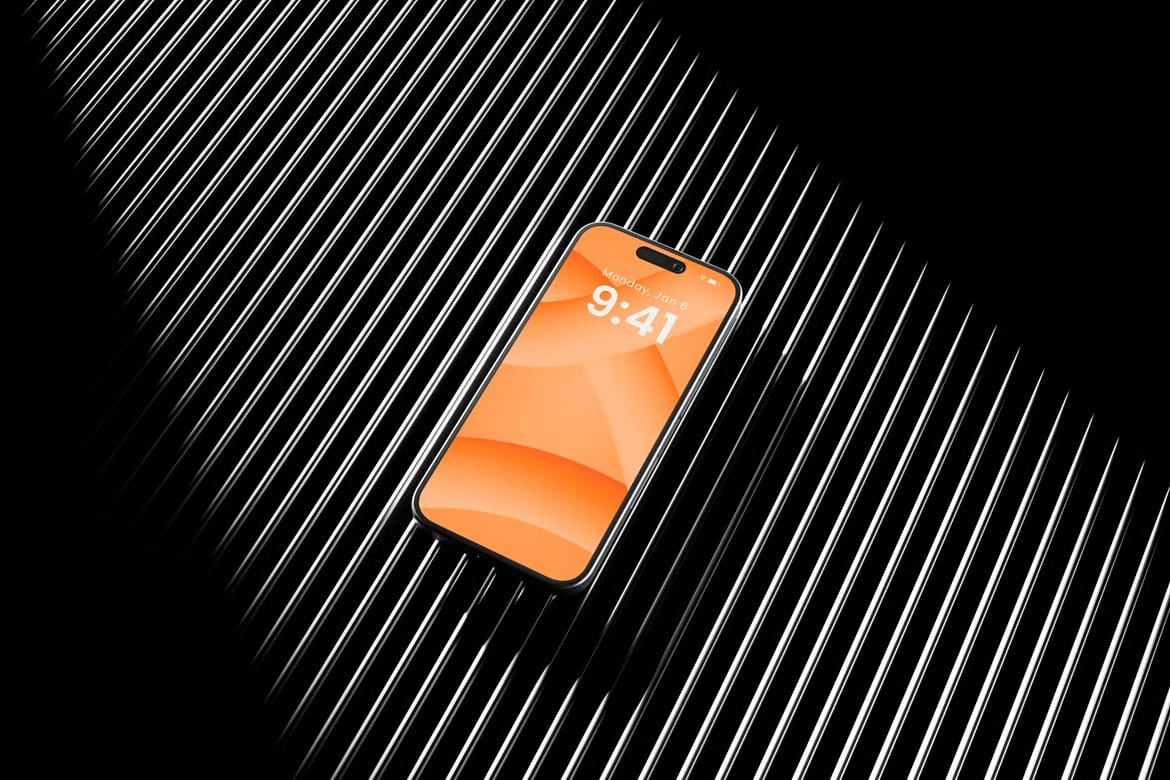 Free iPhone Mockup on Black Metallic Striped Background 5