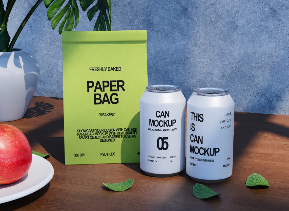 Free Paper Bag and Soda Can Mockup 2