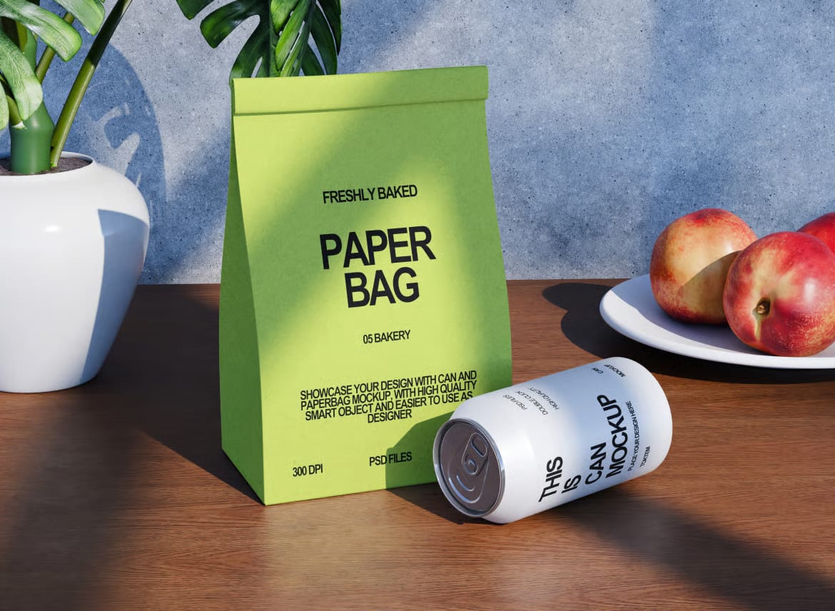 Free Paper Bag and Soda Can Mockup 3