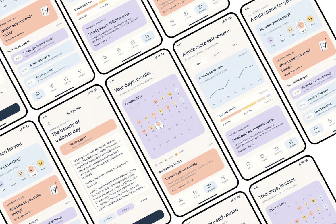 Free Personal Journal & Mood Tracker Mobile App UI Kit 2