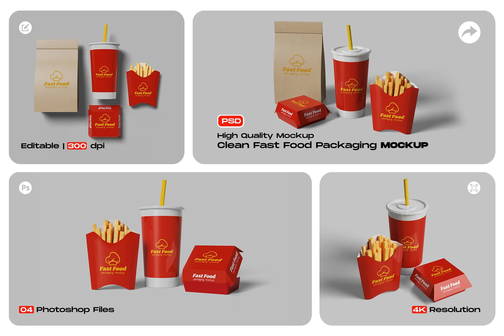 Fast Food Packaging Free Mockup – High Quality PSD Set